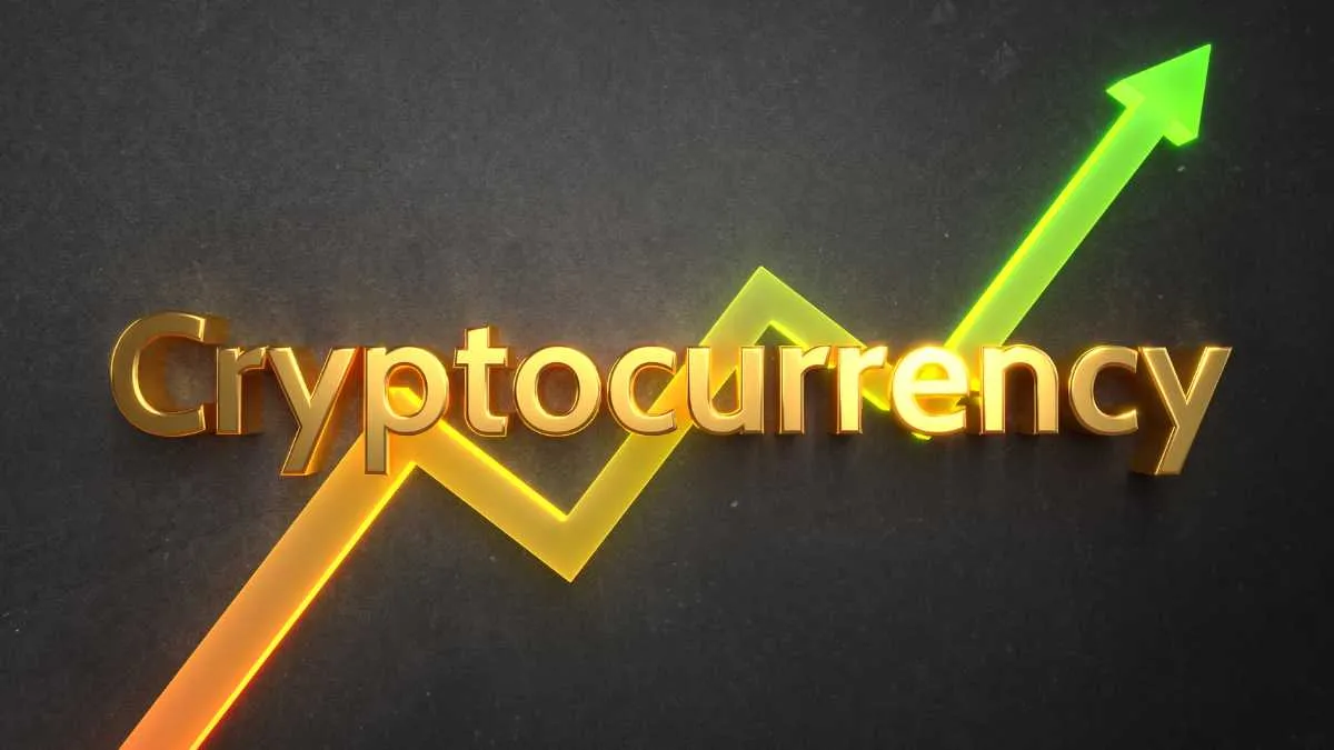 Neon Cryptocurrency text with an upward arrow on a dark background