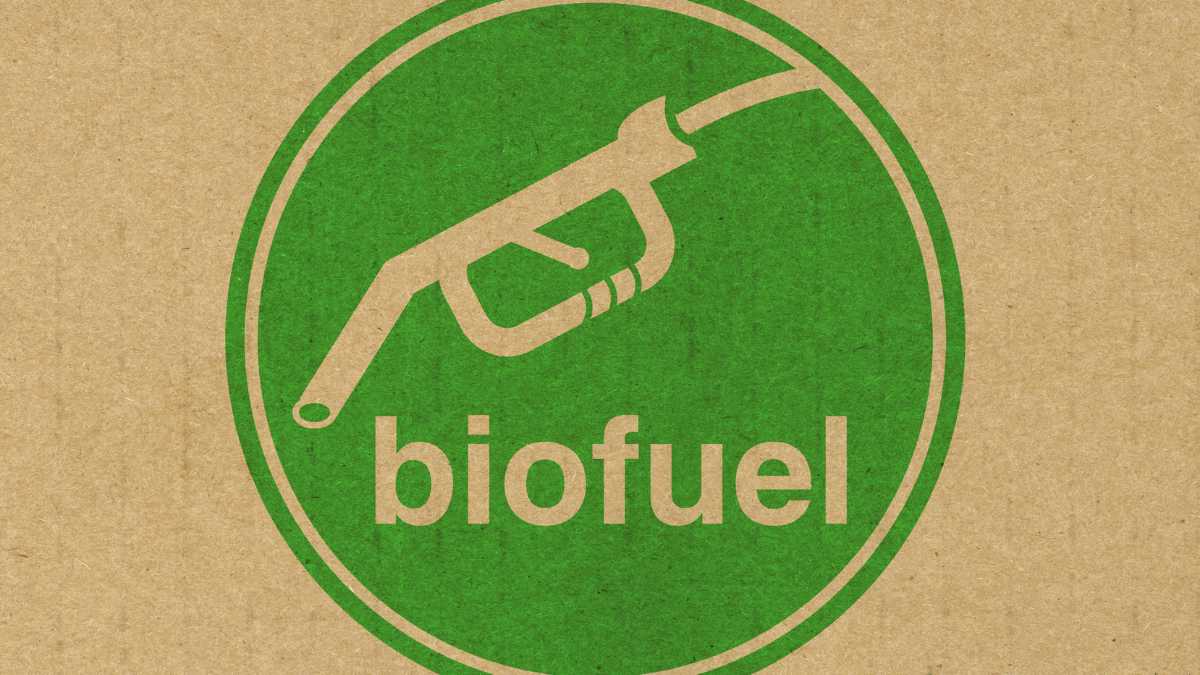 Biofuel symbol with gas pump icon on brown background