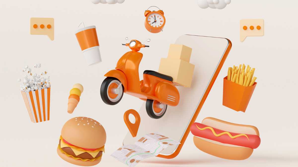 3D illustration of food delivery concept with scooter and smartphone.