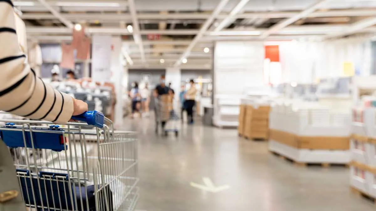 Blurred view inside a bustling retail store