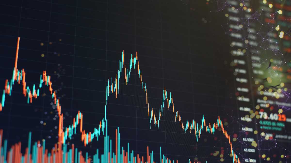 Colourful stock market chart with candlestick tracking and data overlay