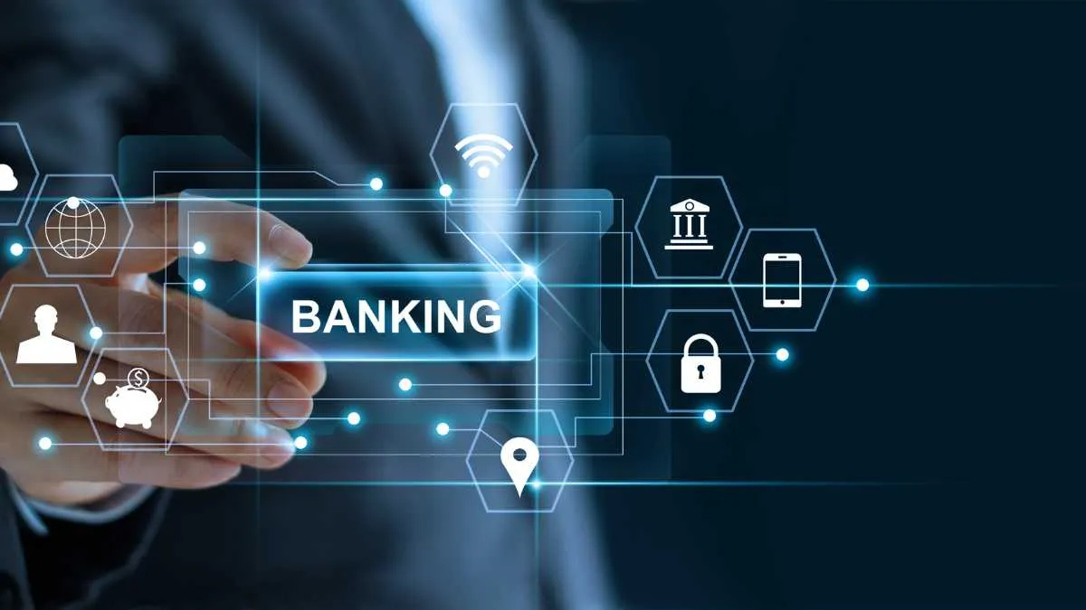 Digital concept of banking with connectivity icons and security.