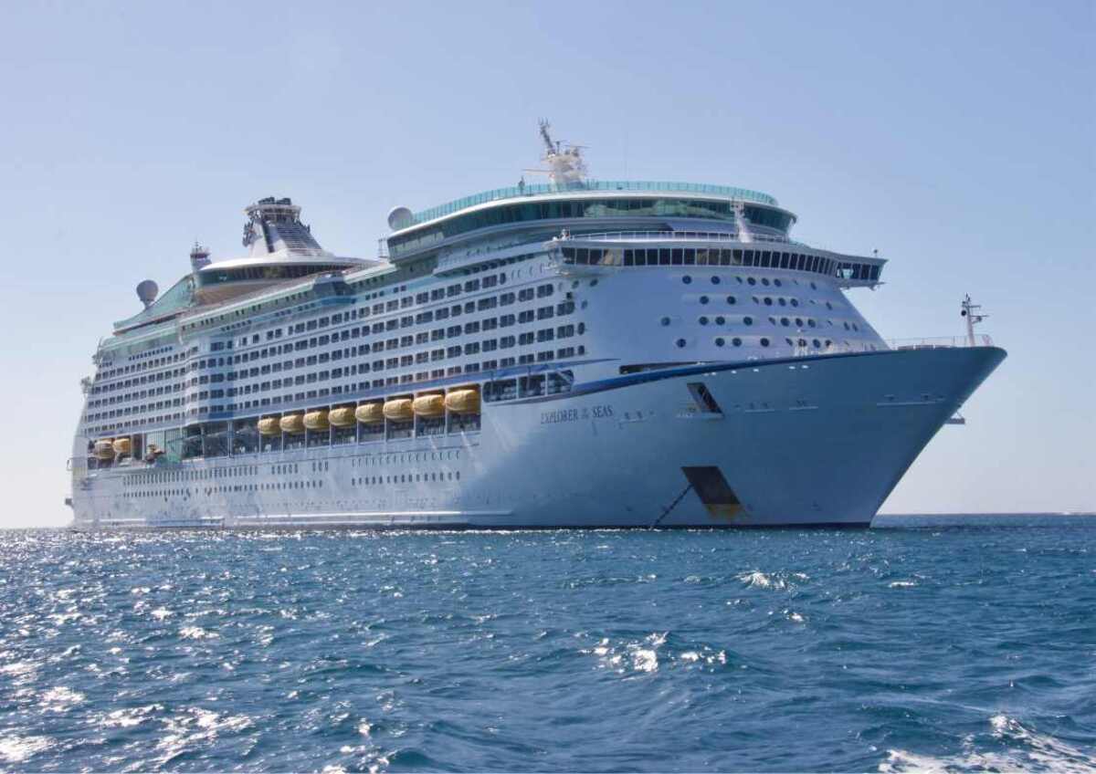 Cruise ship on blue ocean waters.