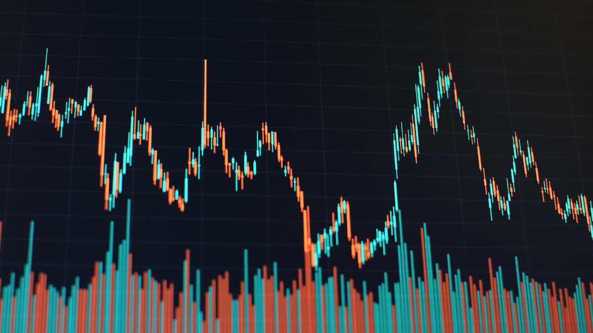 The image displays a stock market candlestick chart with volume bars