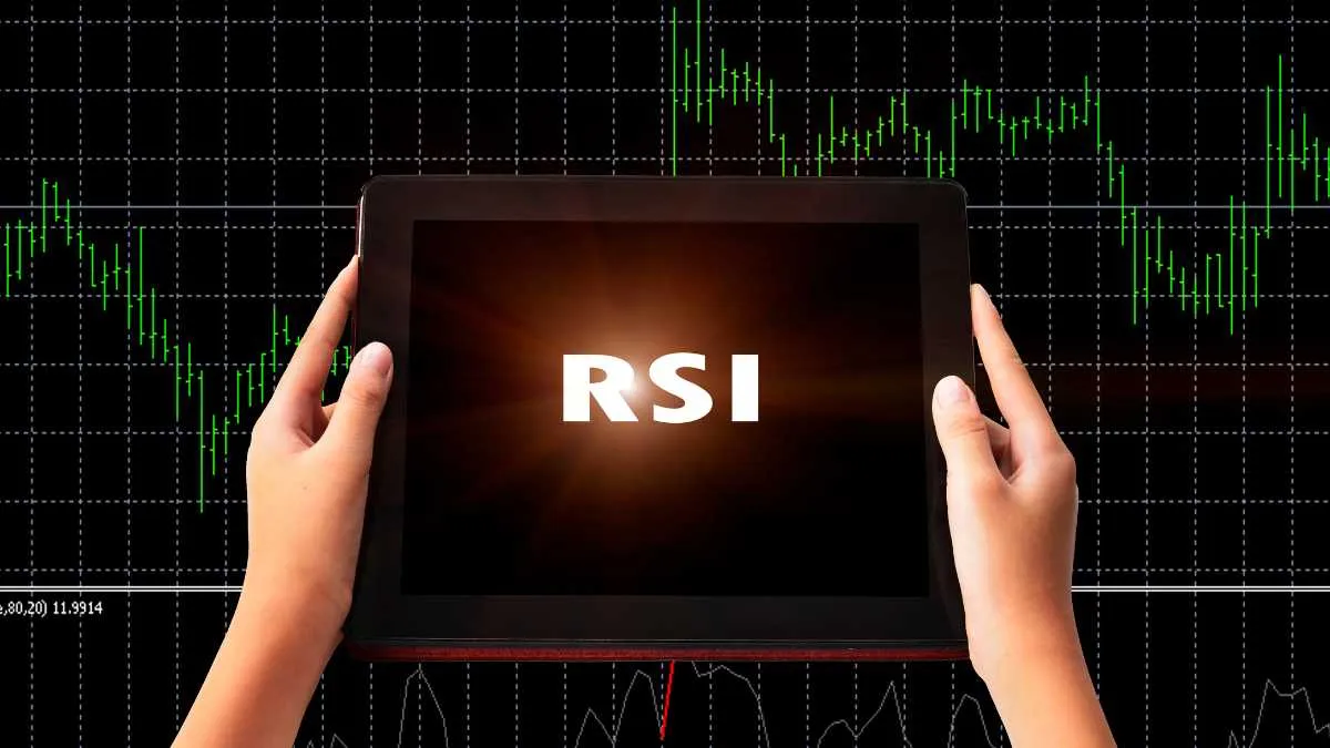 Hands holding a tablet displaying RSI with a candlestick chart background, indicating technical analysis