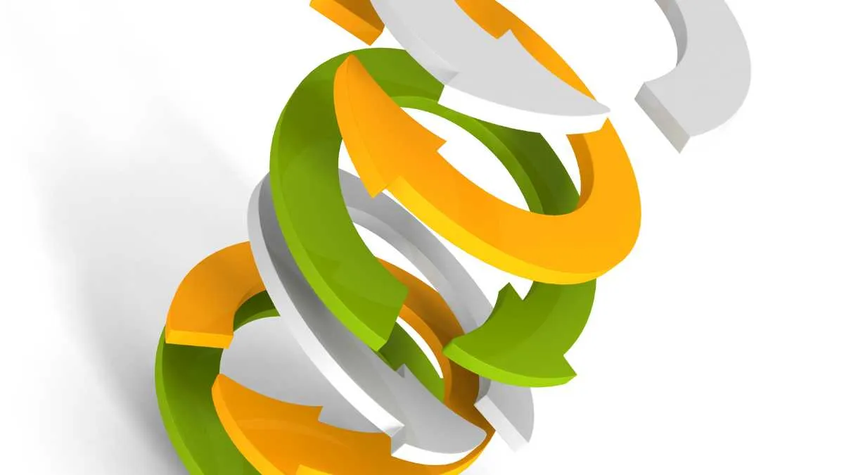 Interlinked 3D arrows in green orange and grey on white