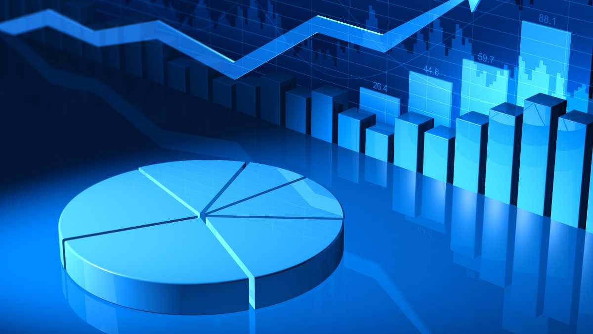 3D pie chart and bar graph in blue tones representing financial data analysis