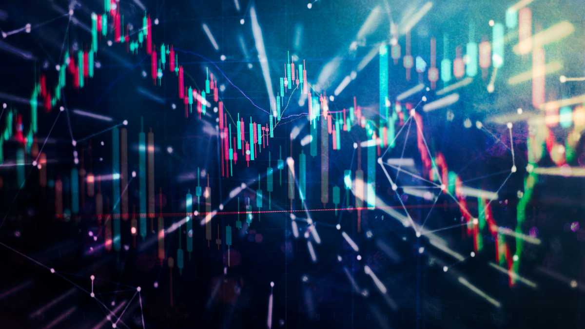 Abstract financial chart with candlestick and network overlay