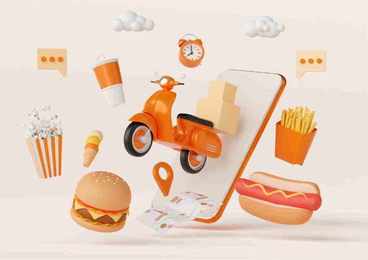 Food delivery application online on mobile 3d illustration