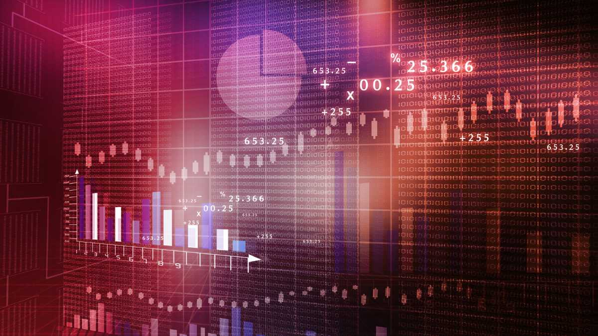 Financial data and graphs overlaid with digital numbers