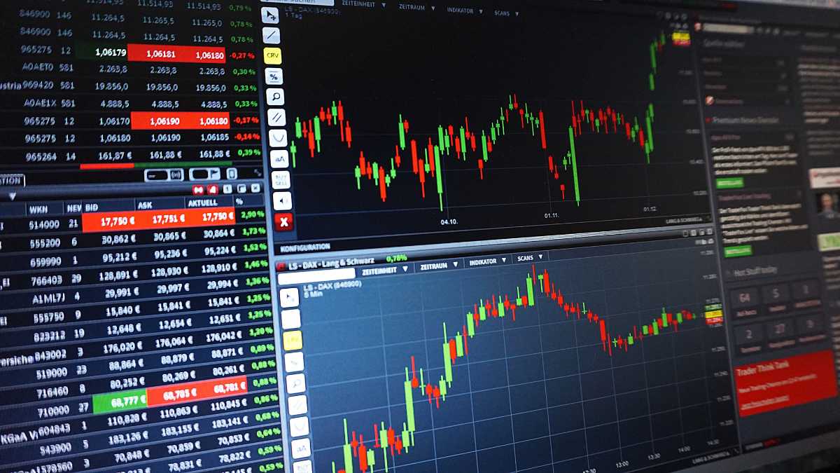 Computer screens displaying financial trading charts, indicating stock market activity