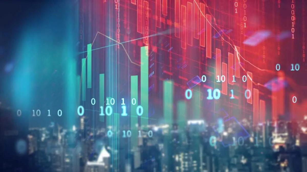 Abstract financial chart with binary code over a city silhouette