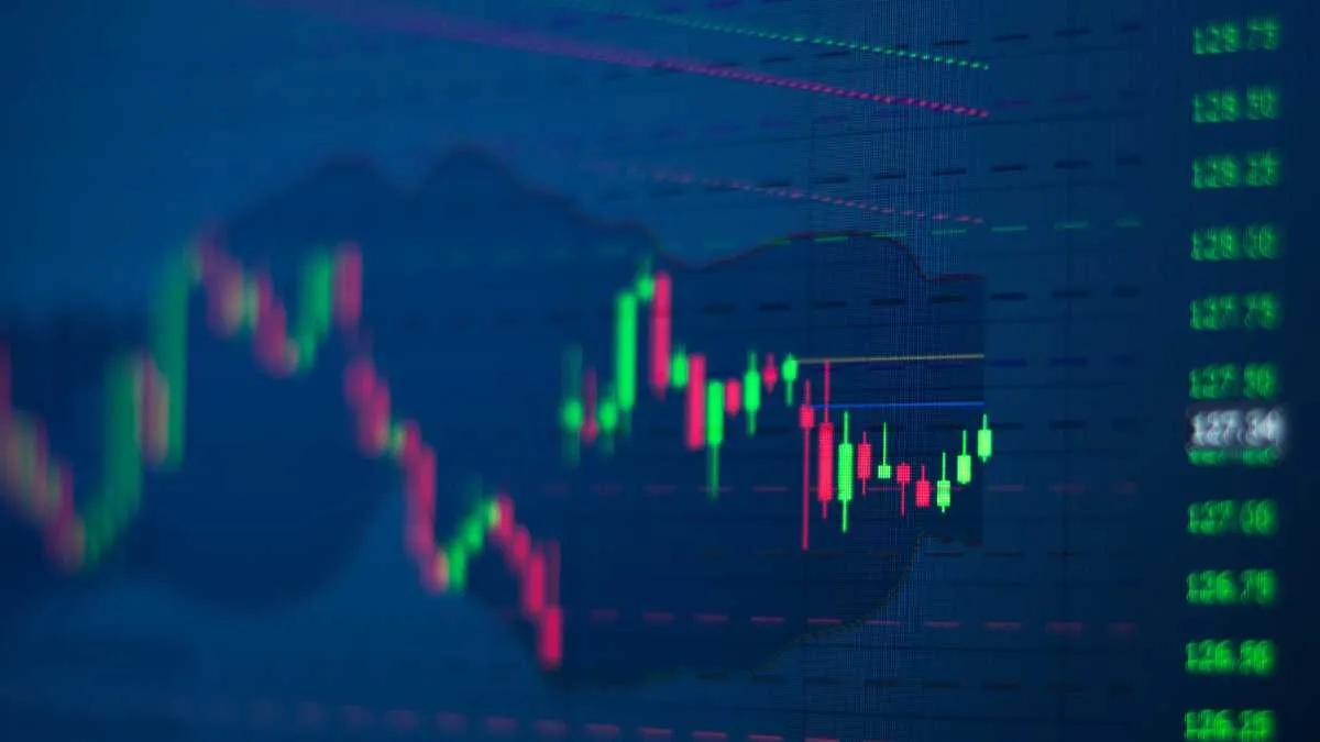 Blurred stock market chart with colour indicators