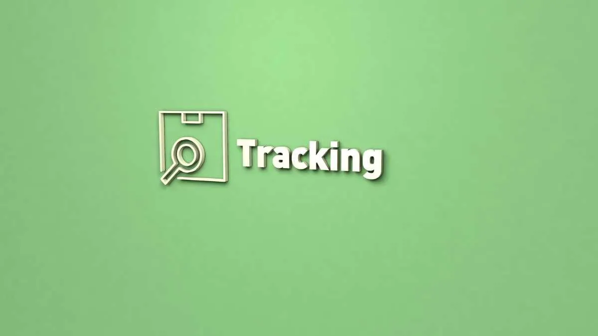 Icon of a magnifying glass over a square and the word Tracking on a green background