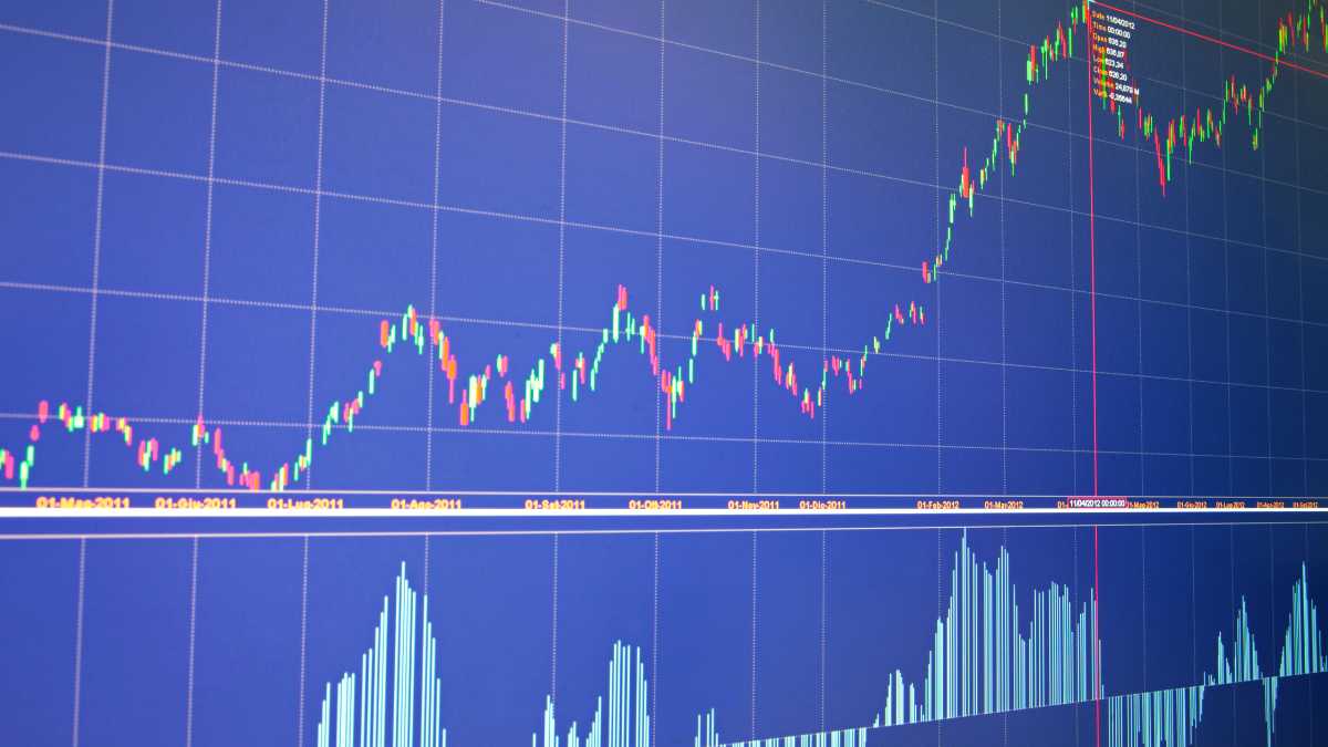 Graph showing stock market trends with candlesticks on a blue background