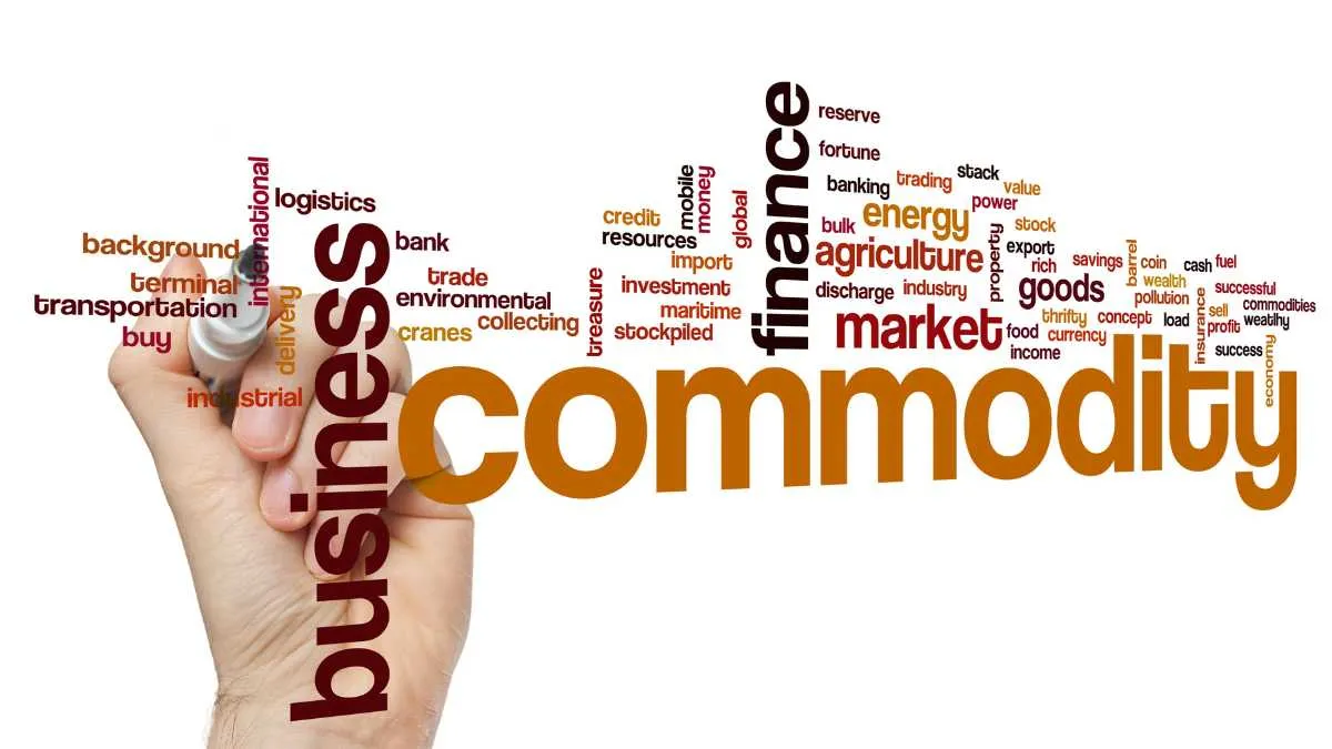 The image with the word Commodity together with other business words finance market goods etc