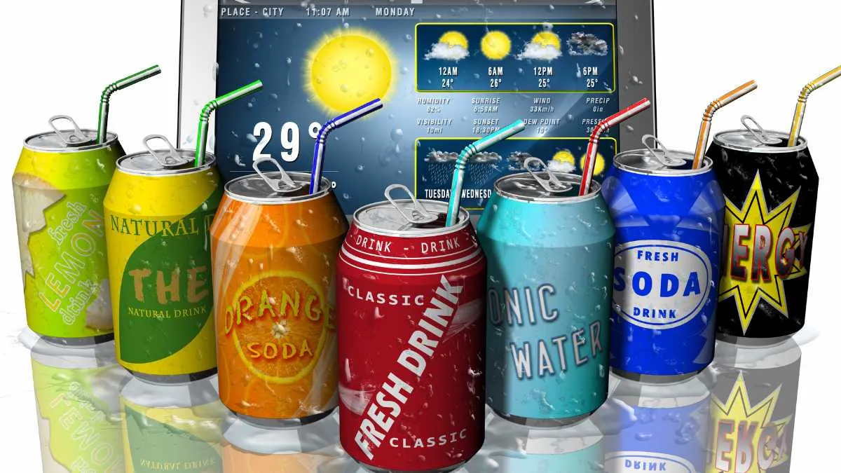 Assorted beverage cans with a weather forecast display, suggesting a marketing concept.