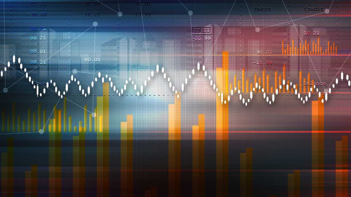 Abstract financial data overlay with graphs and bars.