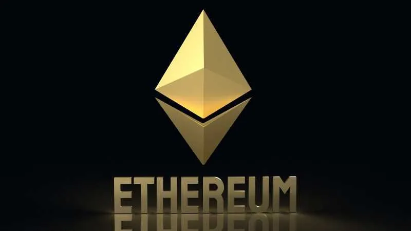 3D Ethereum logo with reflective surface on a dark background