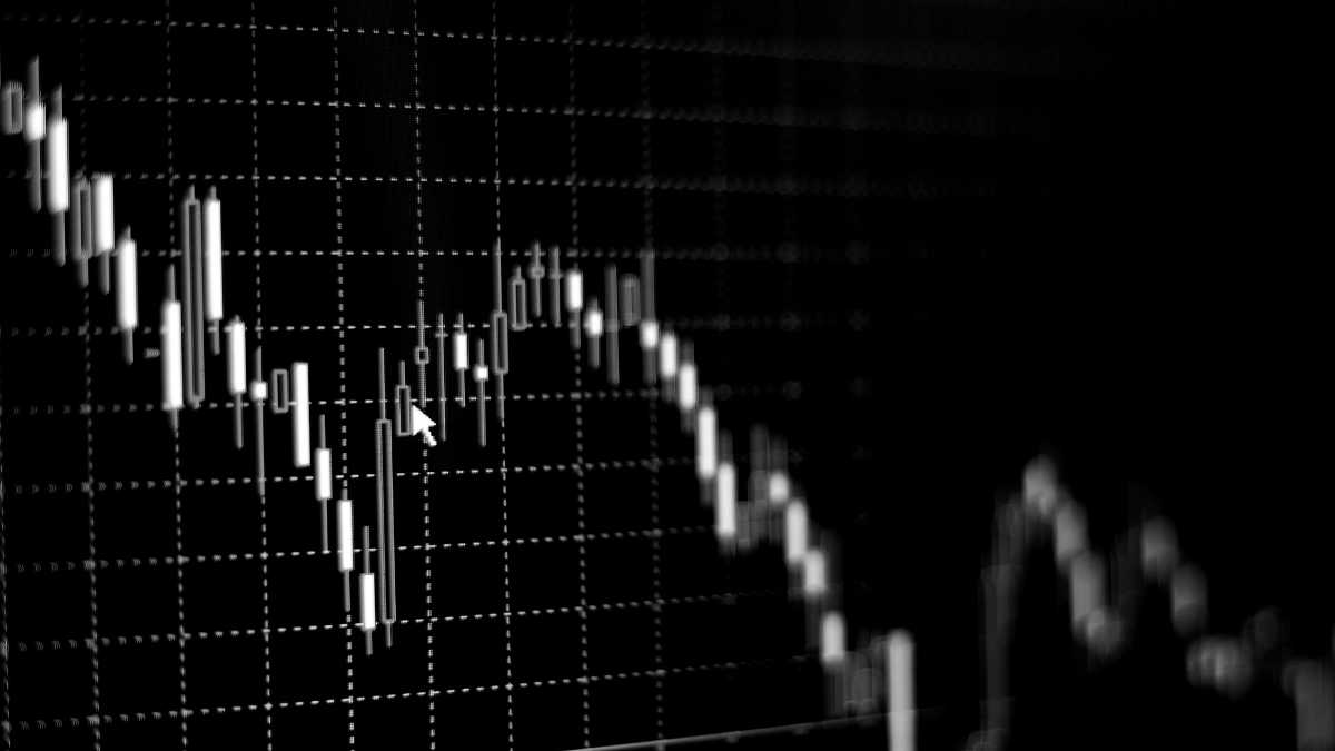 Black and white candlestick chart indicating stock market data