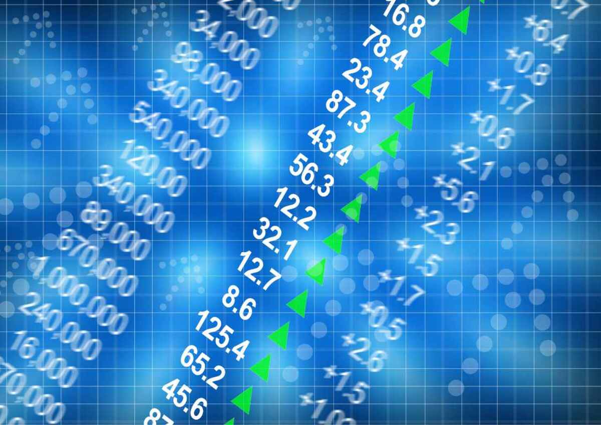 Stock market chart with upward trending arrows.