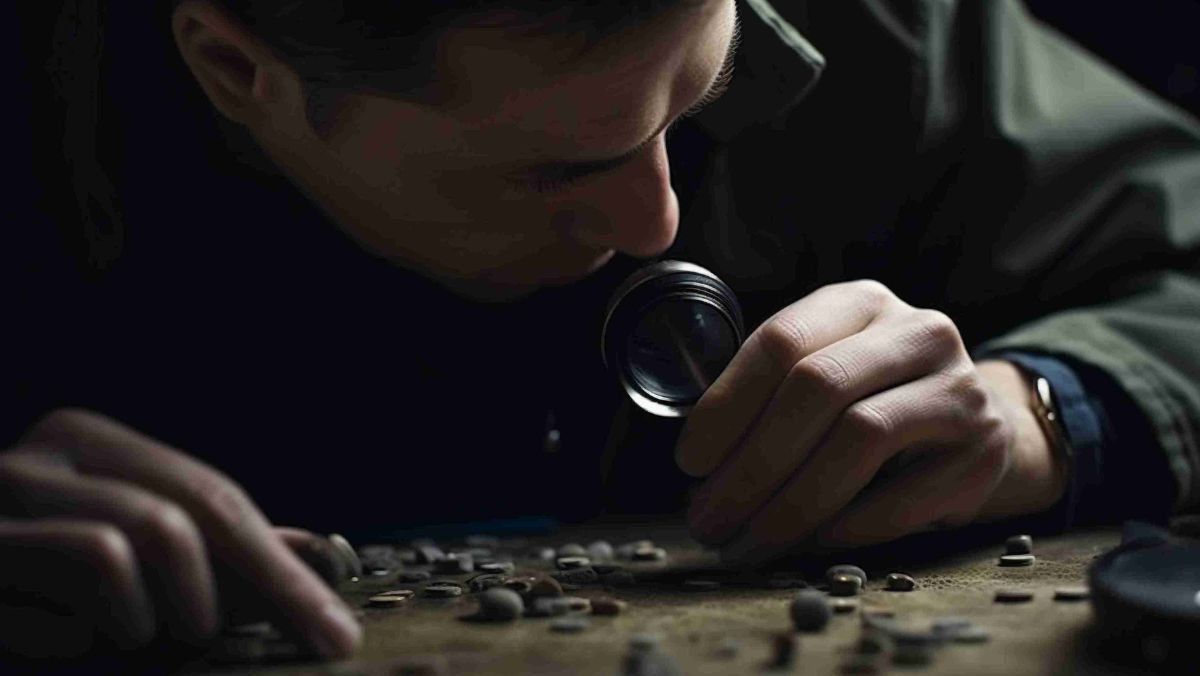 A person inspecting raw silver pebbles closely with a magnifying glass