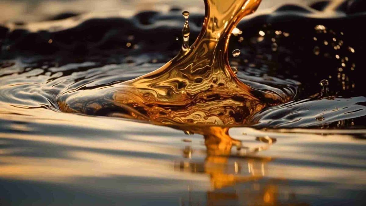 A shiny yellow crude oil spreads out in a bright burst