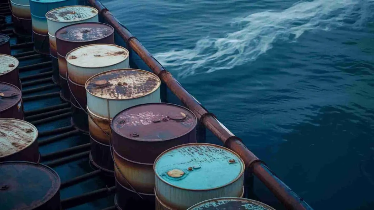 A ship sailing in the ocean with barrels of oil on board