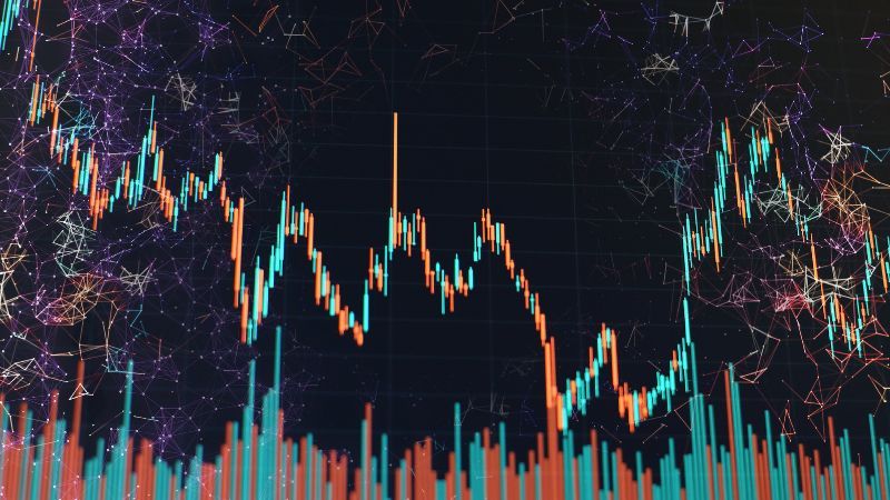 A stock market chart with candles and trading volume