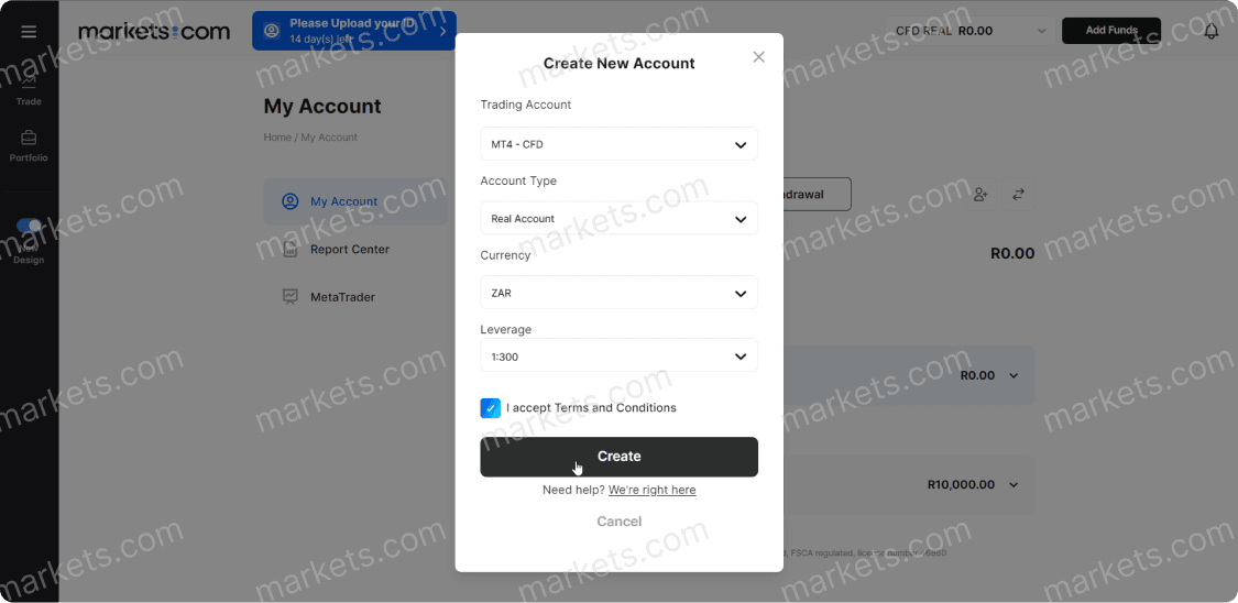 The popup window showcases various details of the new account, including the type of account currency and leverage