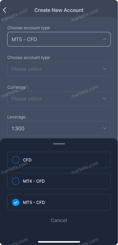 New Account page on the mobile app choose an account type and select either CFD MT4 or MT5