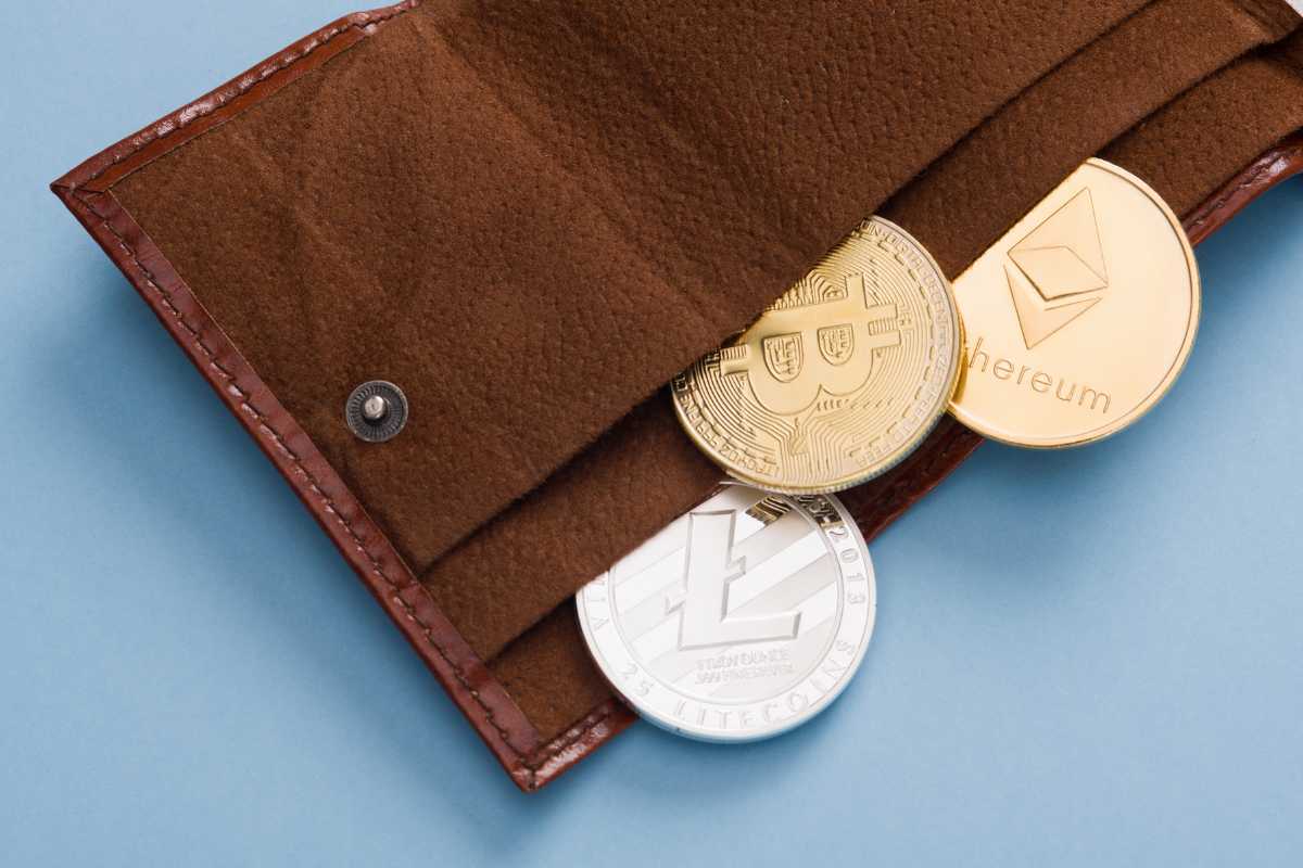 Bitcoin Ethereum and Litecoin coins in a leather wallet