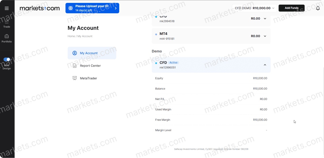 The My Account window displays everything about your account including details and balance