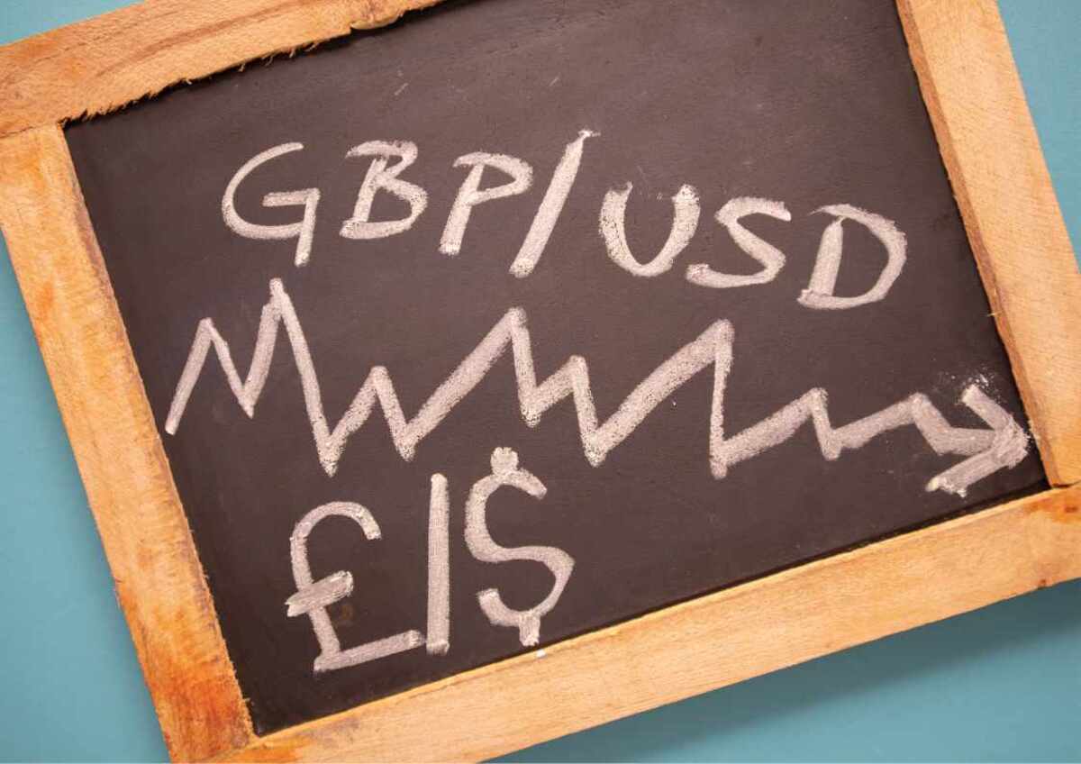 Chalkboard with 'GBP/USD' and fluctuating exchange rate graph.