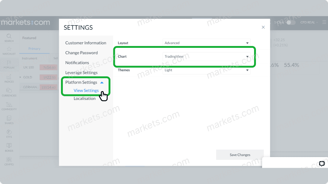 Click platform settings to place trades