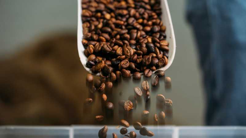 Coffee beans pouring from a scoop into a container