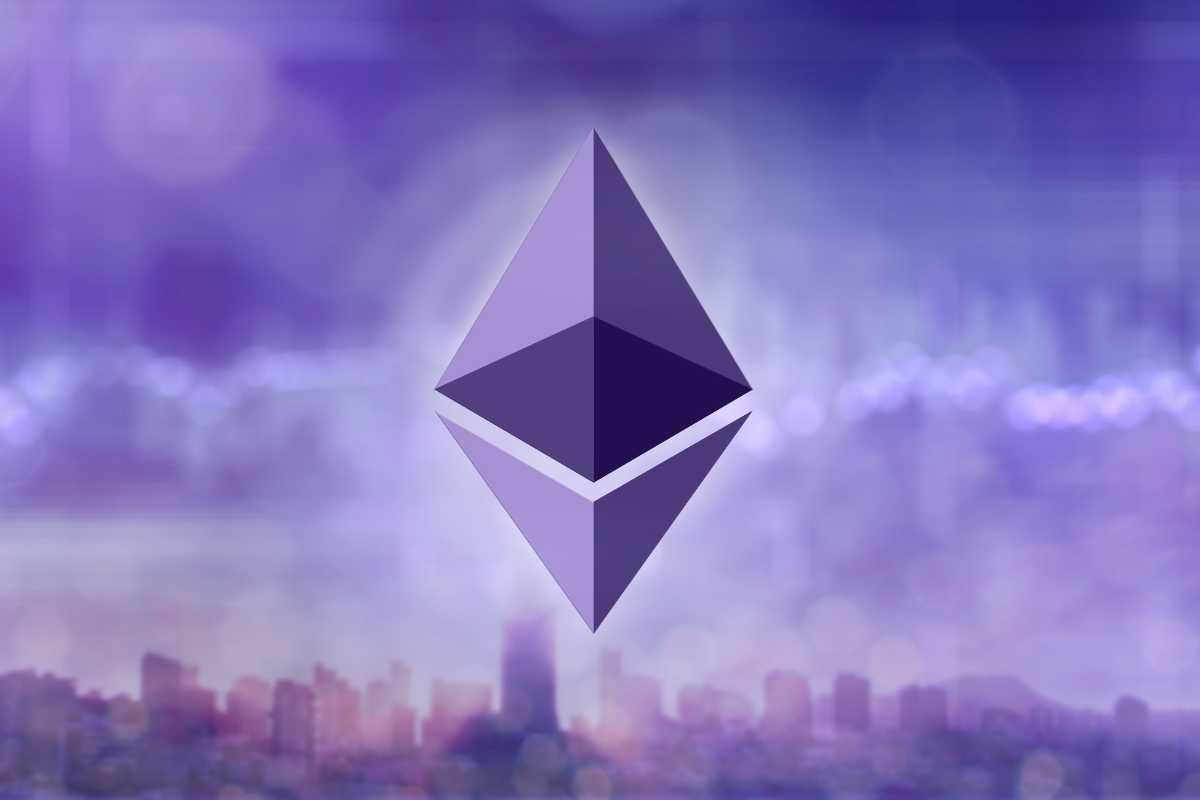 Ethereum logo superimposed on a blurred cityscape background