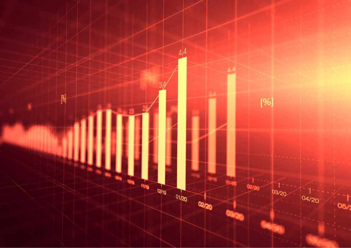 Red-hued financial bar chart representing data analysis, growth, or investment trends.