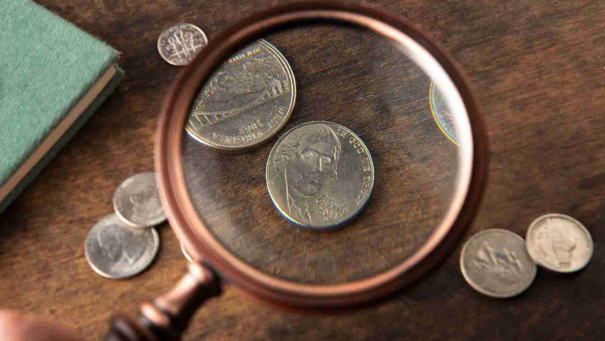 Focused magnification on table coins with a central magnifying glass