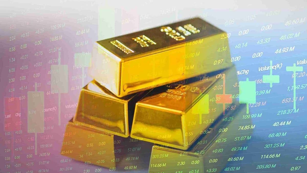 Gold bars neatly stacked with a trading chart in the backdrop