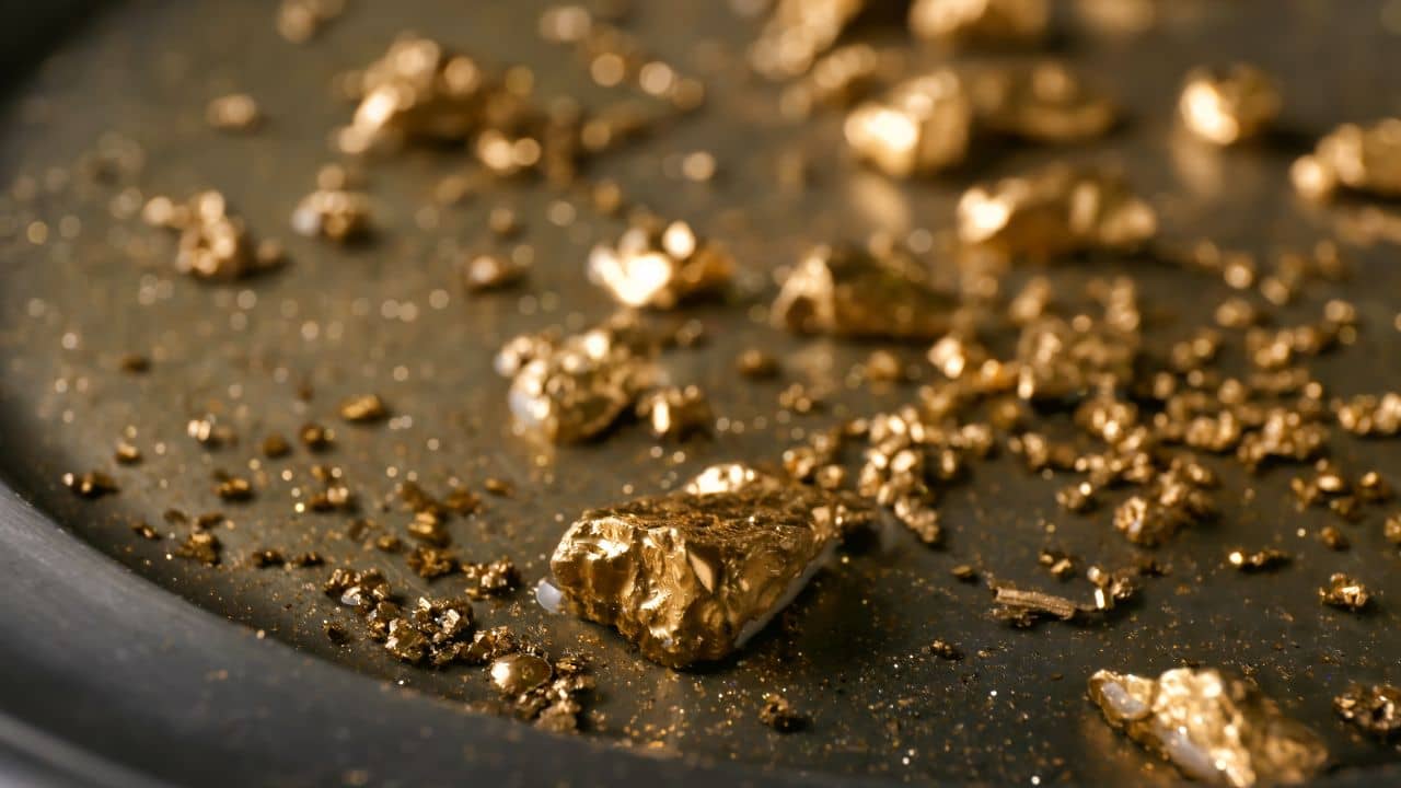 Gold nuggets and dust on a dark surface