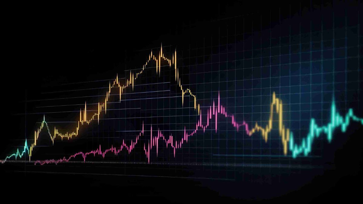 Intersecting line charts featuring vibrant shades of pink, teal, and yellow