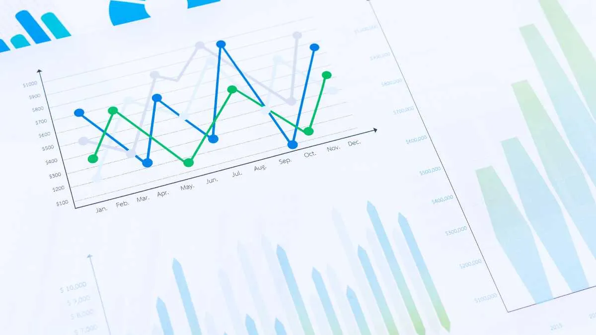 Line graph and bar charts on a financial report document