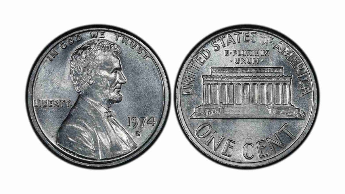 Obverse and reverse view of the 1974-D Aluminum Lincoln Cent