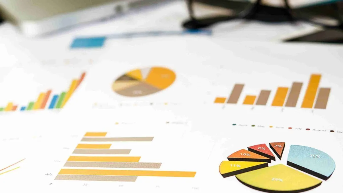 Paperwork spread across a table featuring pie charts and bar graphs