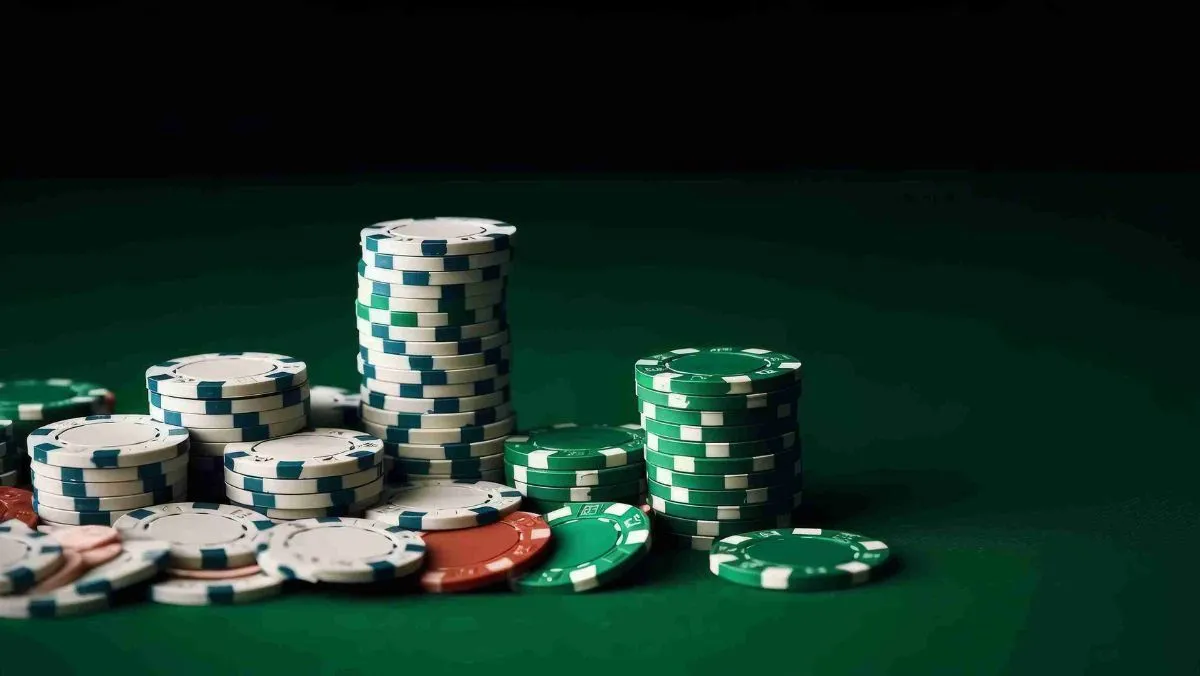 Poker chips including green red and white ones arranged on the table