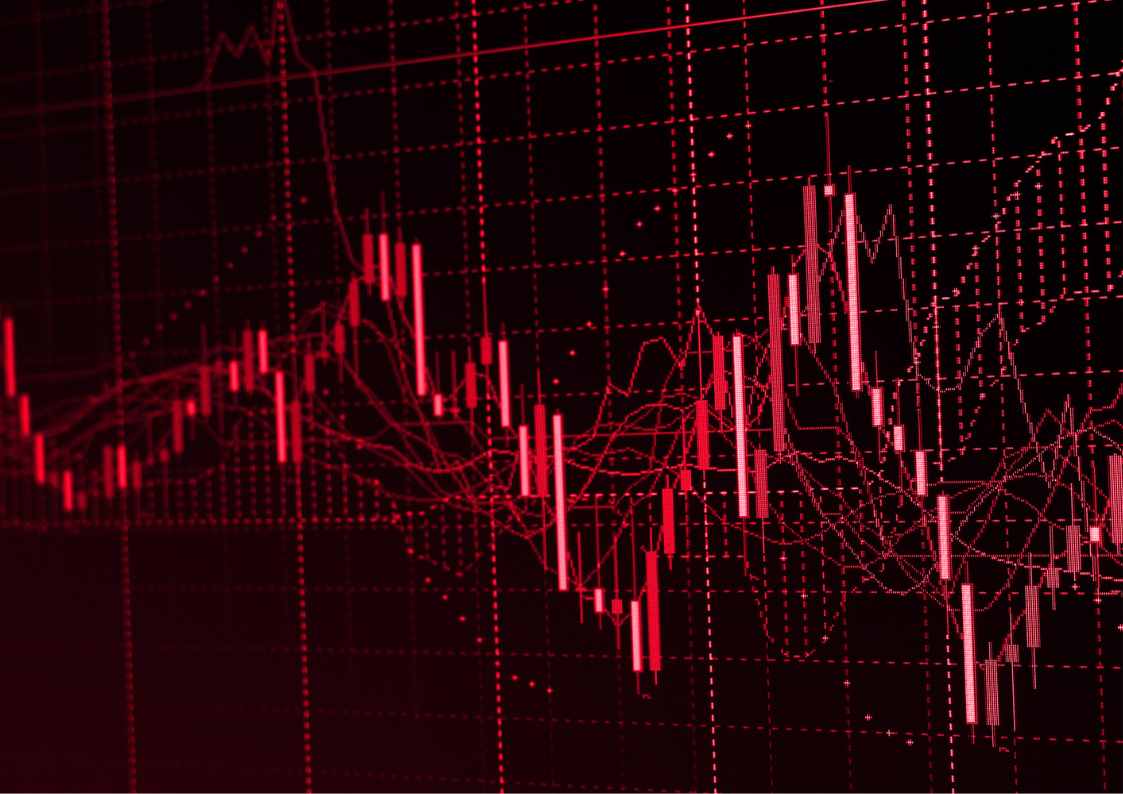 Red toned digital stock market graph with fluctuating candlestick patterns