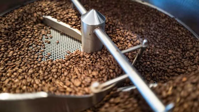 Roasted coffee beans cooling in a roasting machine