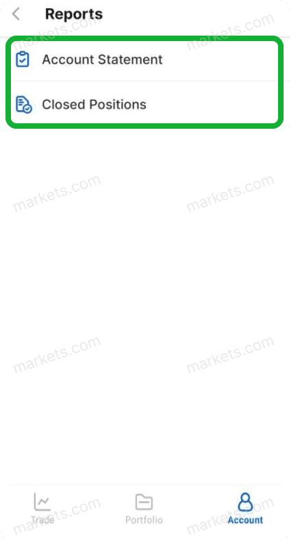 Select account statements or closed positions mobile