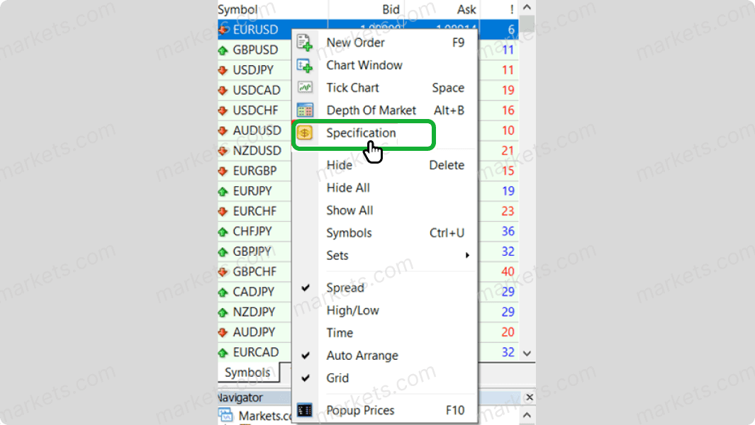 Select specification to view trade size